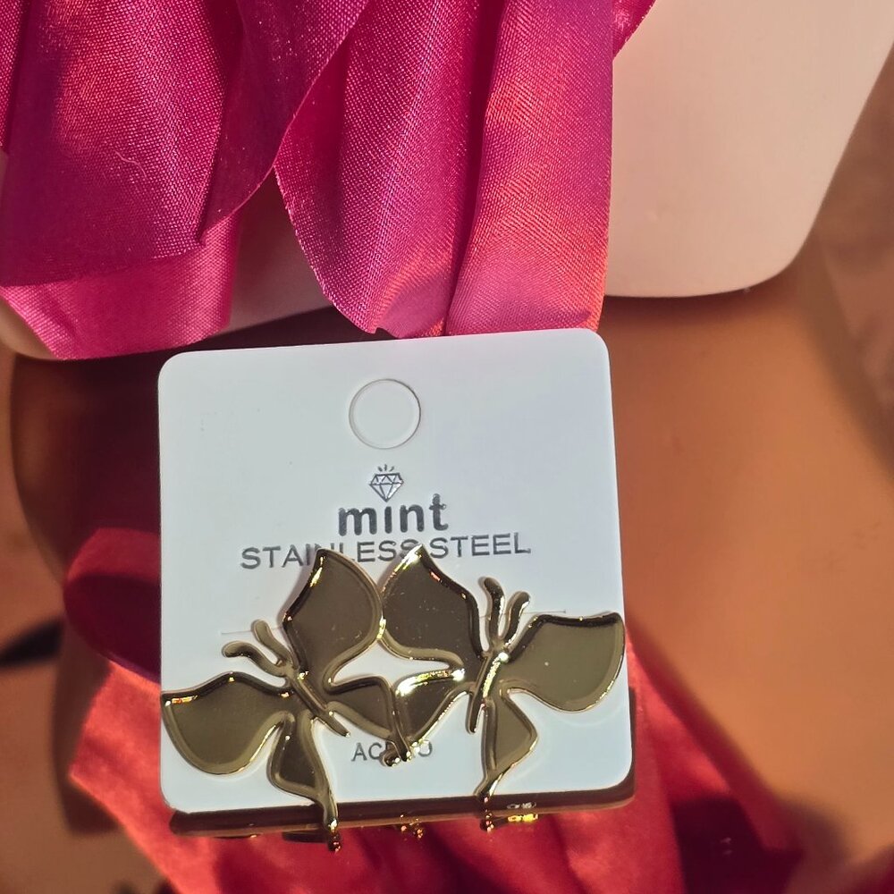 Mint Stainless Steel Gold Butterfly Stud Earrings | Polished Mirror Finish | NWT